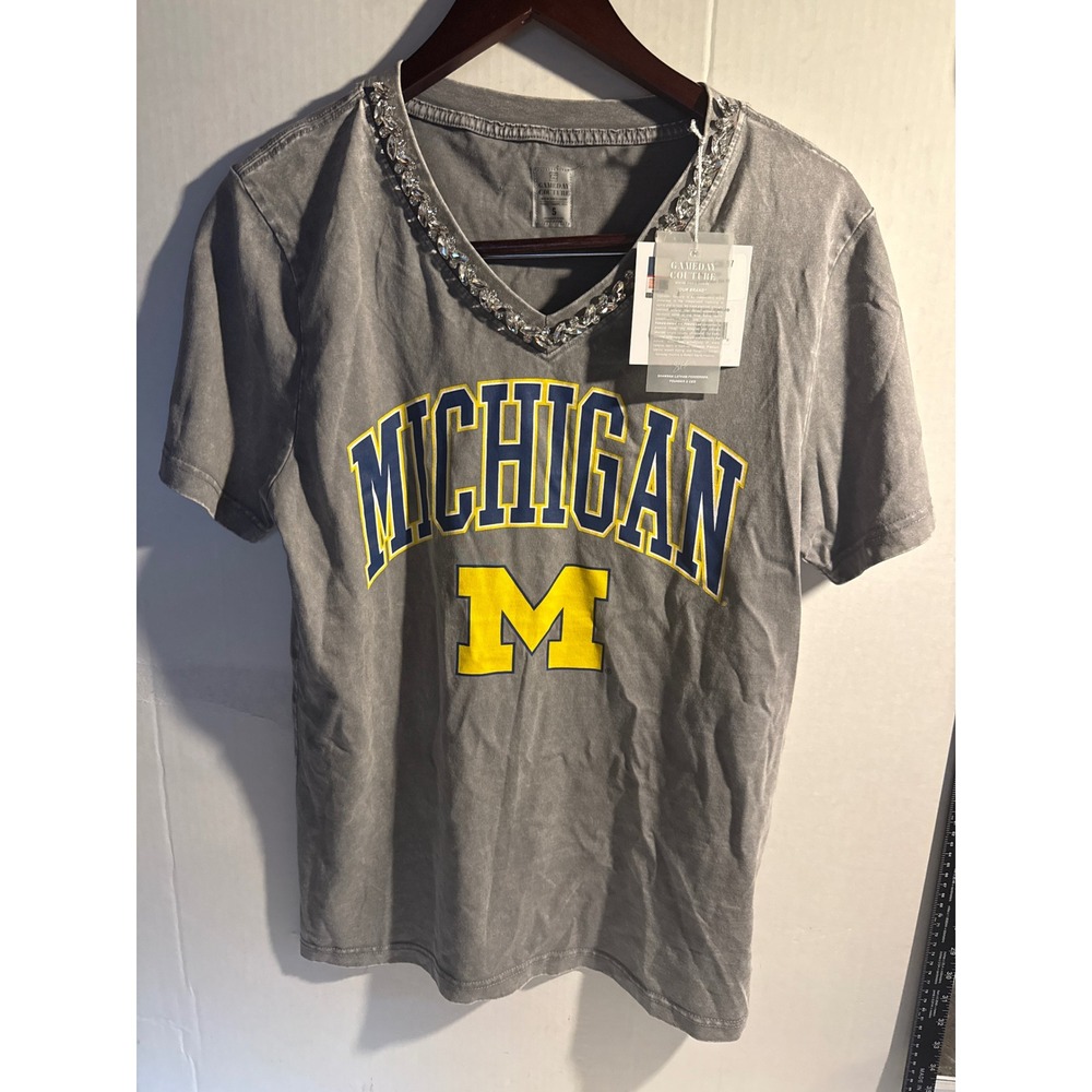 Gameday Couture Michigan Wolverines Rhinestone V-Neck Tee Grey Mineral Wash S